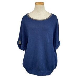 Chico's Sweater Womens Medium Blue Silver Short Sleeve Knit Beads Linen